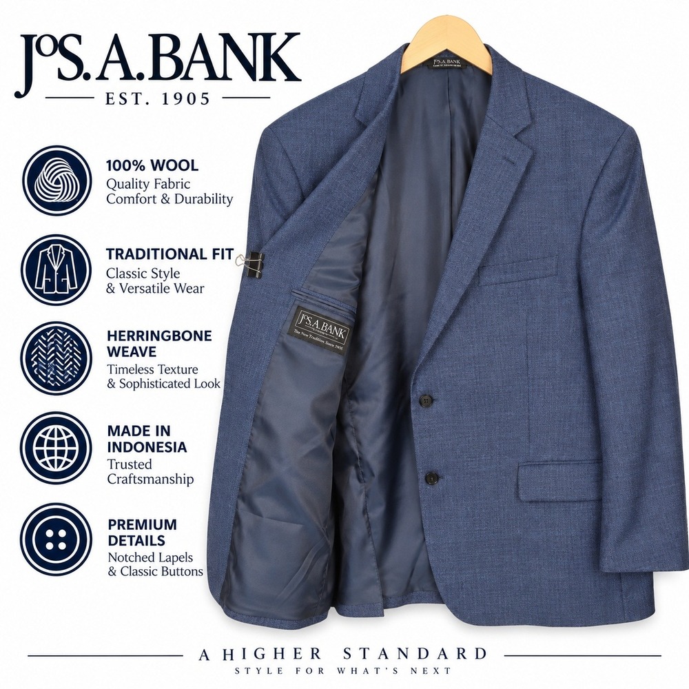 Jos A Bank Executive Sport Coat Mens 48L Blue Herringbone 100% WOOL Traditional